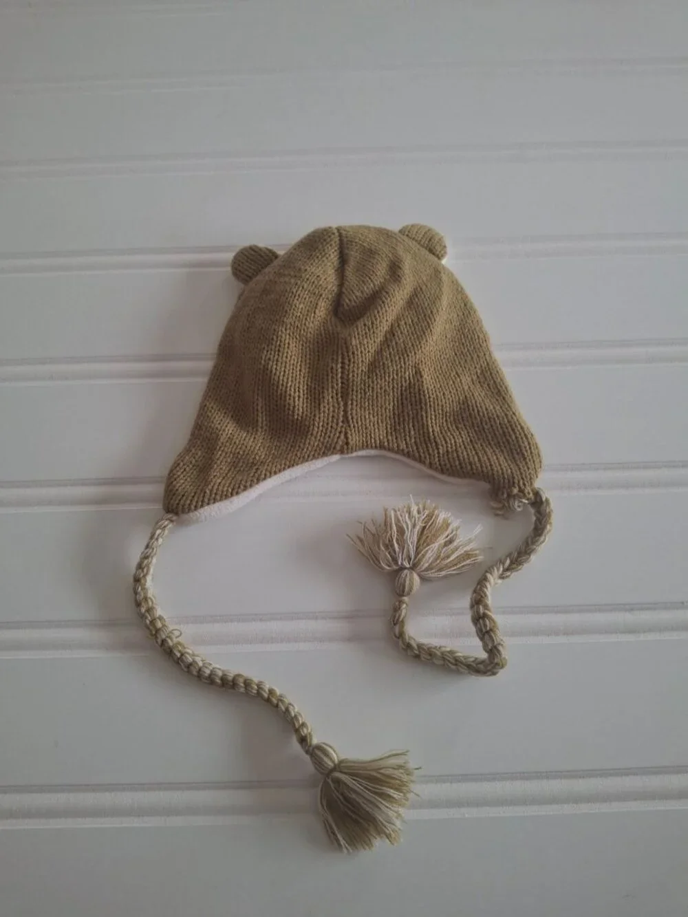 Kids Horse Knit Earflap Hat Brown Fleece Lined Tassel Cottagecore Winter